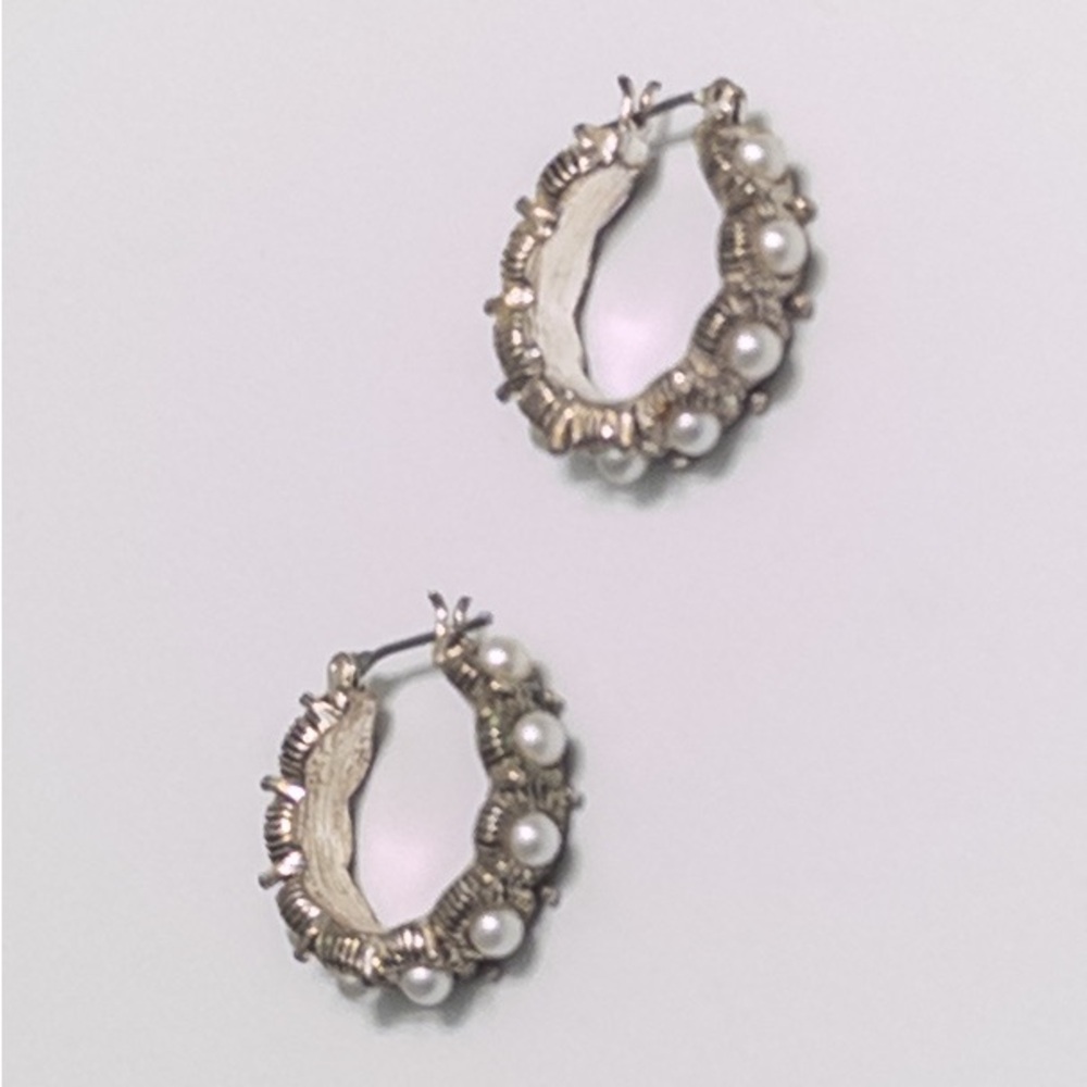 Vintage Signed Napier Silver Tone And Faux Studded Pearls Hoop Post Earrings